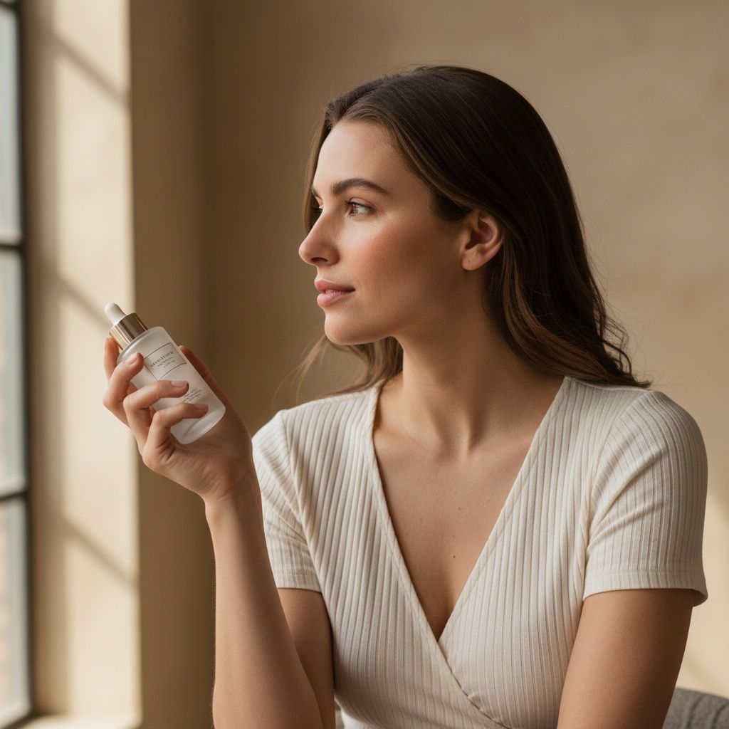 Uitgelicht beautybeeld: portret in halfprofiel bij zacht raamlicht met een cosmeticaverpakking in de hand