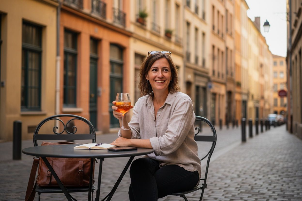 Lifestylecampagne buiten: iemand aan een cafétafel in Lyon met een drankje en een tas, warme gevels onscherp