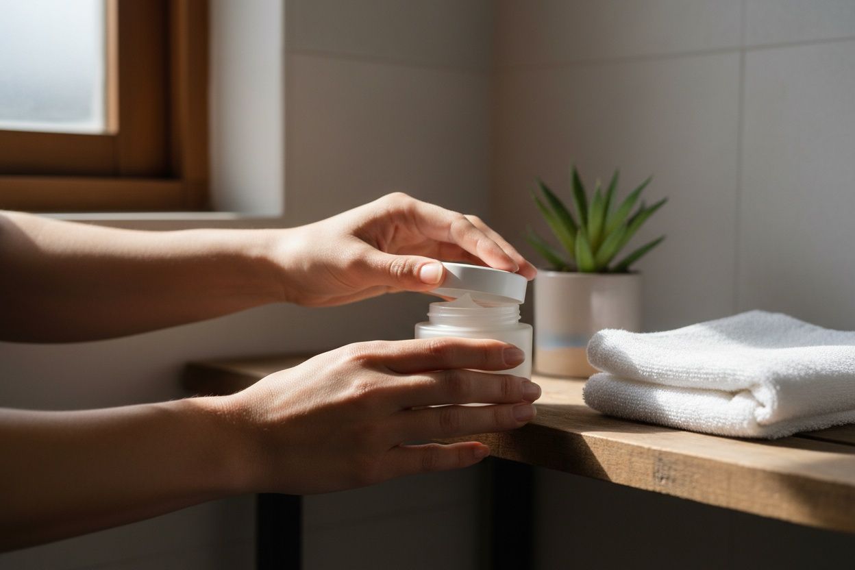 Skincare-serie: handen die een crèmepotje openen boven een badkamerplank met handdoek en plant