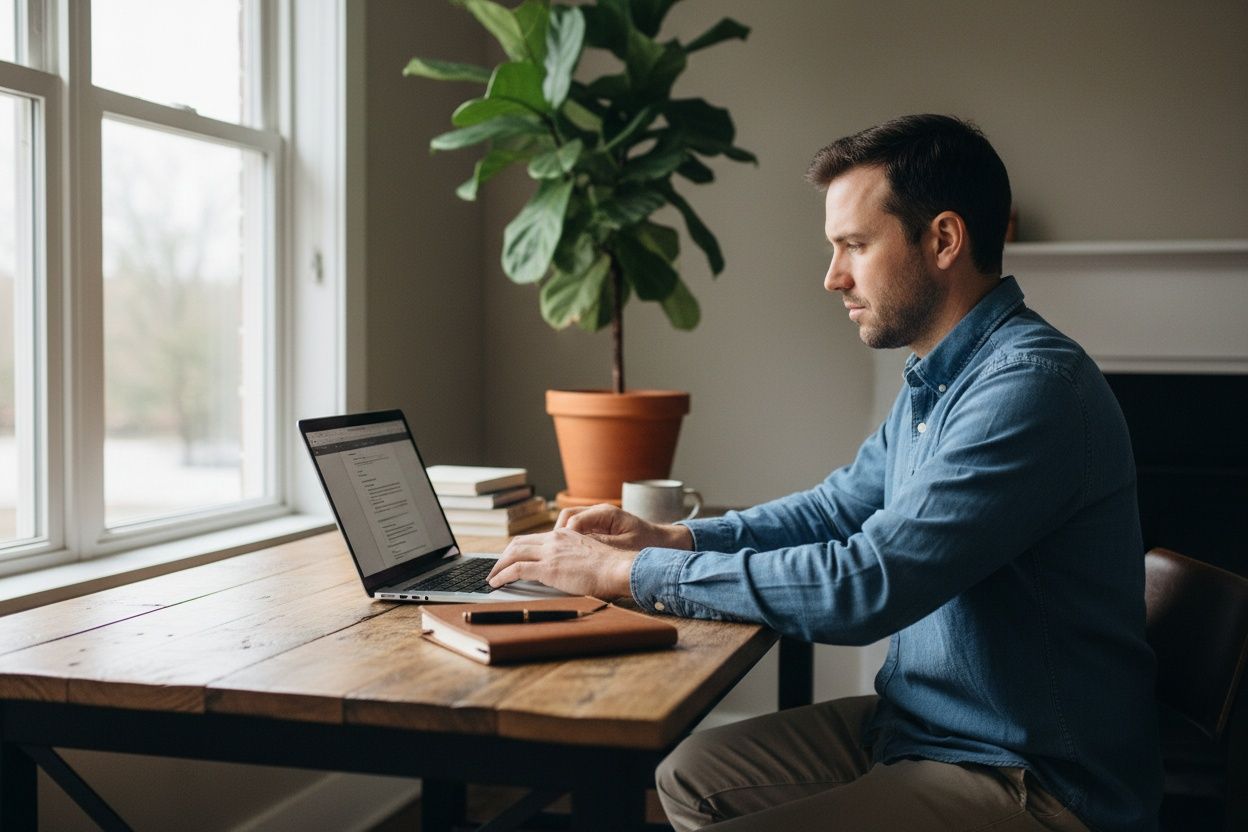 Werkbeeld aan een houten bureau met laptop en notitieboek bij daglicht van links