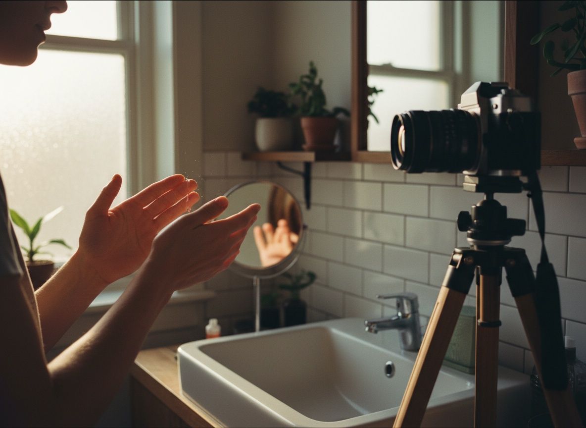 Skincare-routine wordt vastgelegd: handen brengen een serum aan boven een wastafel terwijl een camera meekijkt