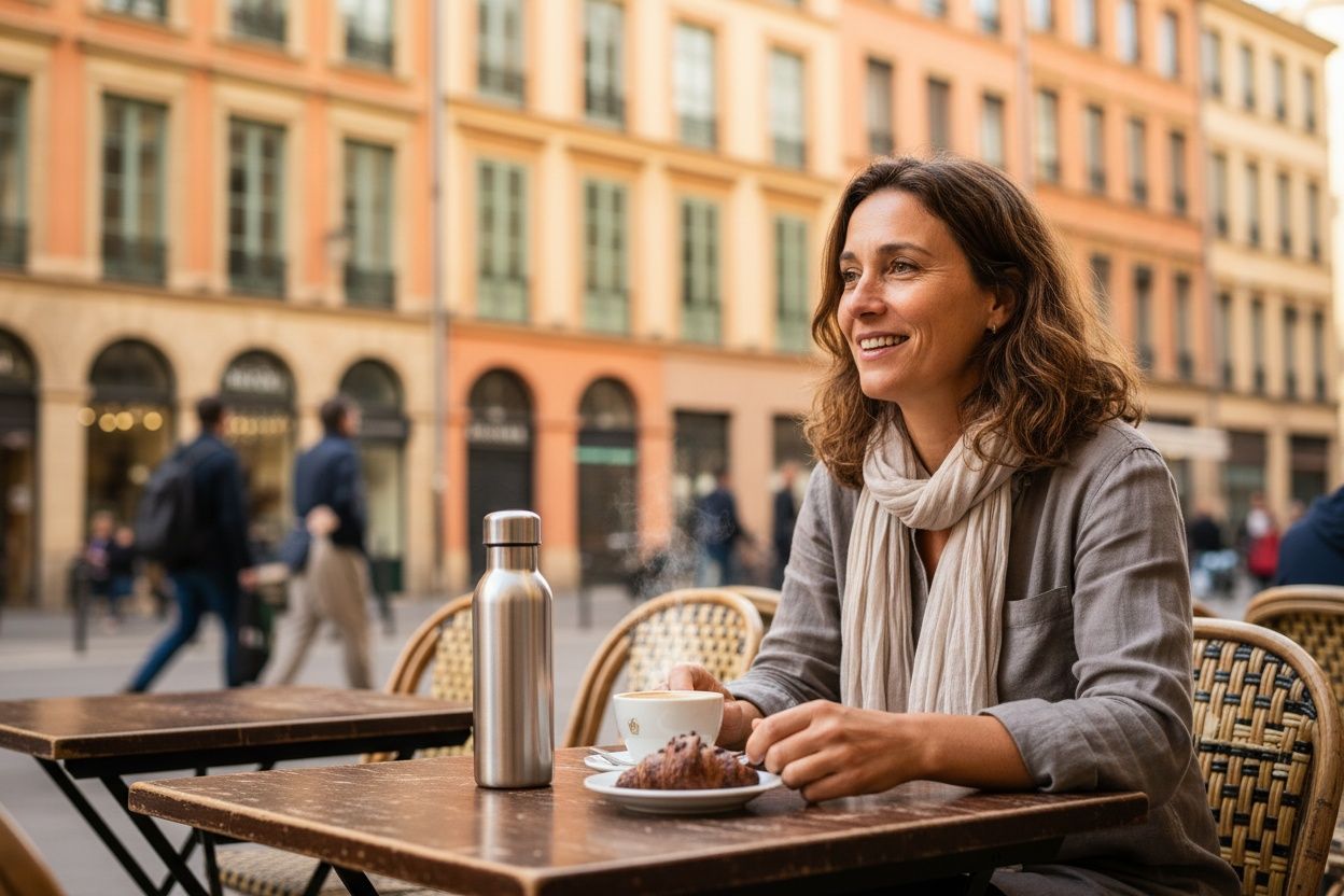 Lifestylebeeld voor een campagne: iemand aan een cafétafel in Lyon met het product naast een kop koffie