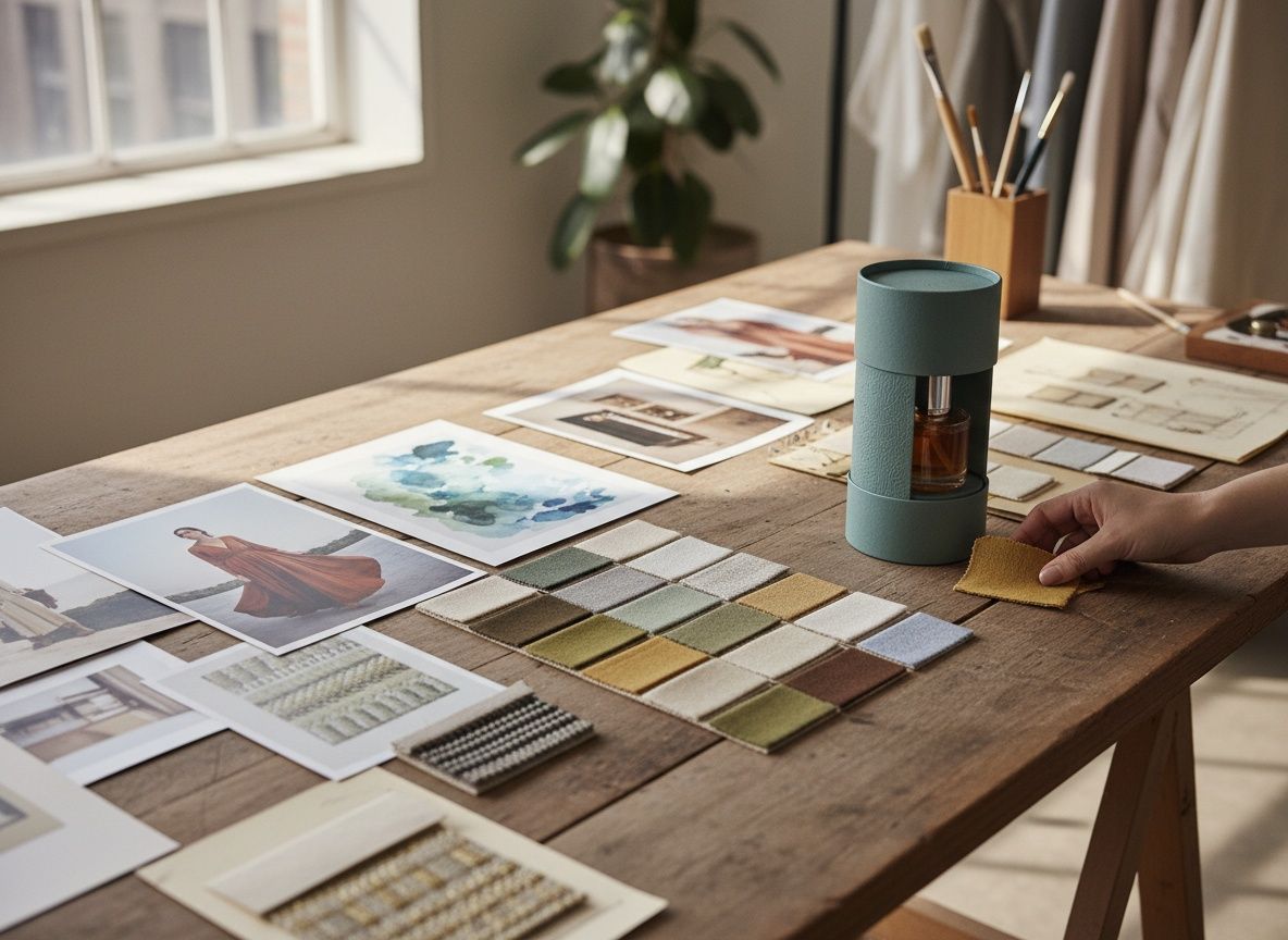Beeldplan voor een campagne: referentiebeelden, kleurstalen en de productverpakking op een werktafel
