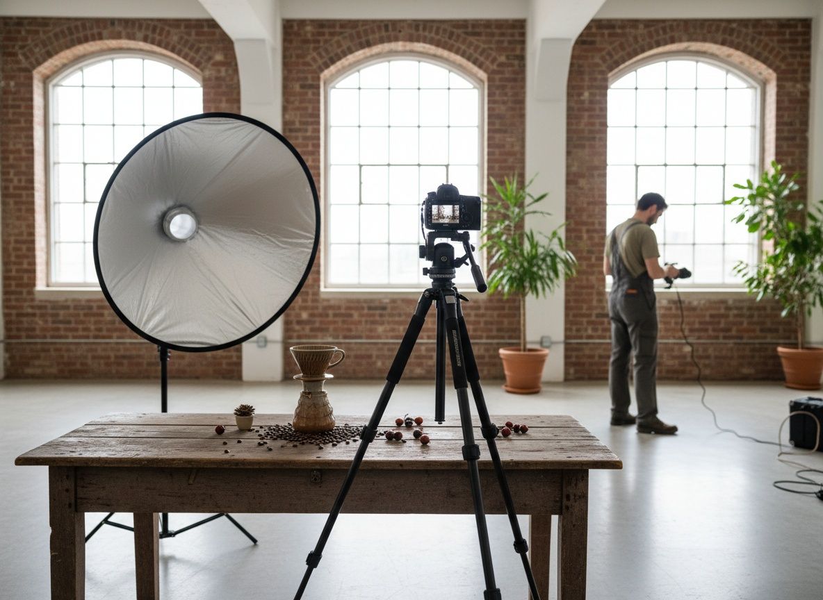 Shootdag voor een merk: camera op statief gericht op een opstelling met het product en een reflectiescherm