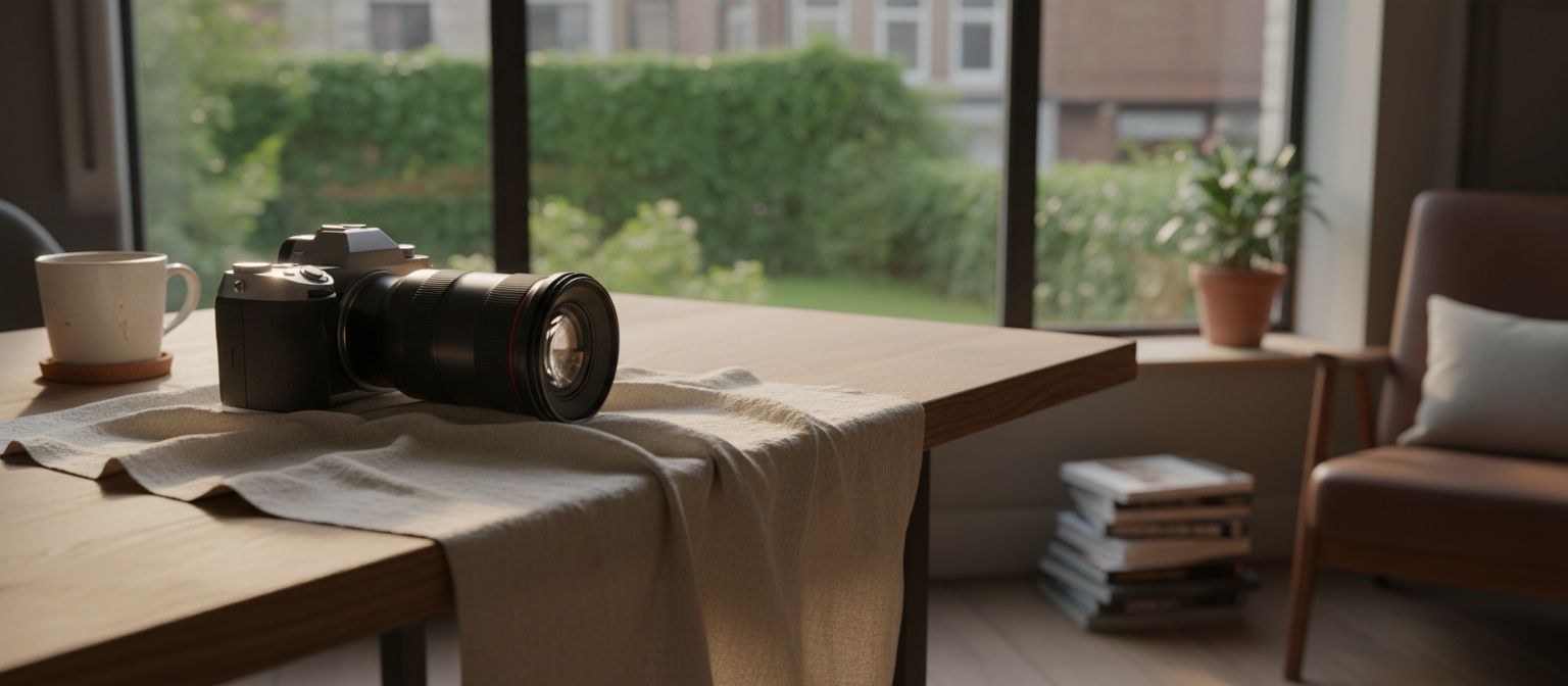 Opgeruimde werkplek na een shootdag: camera en lens naast elkaar op linnen in warm strijklicht