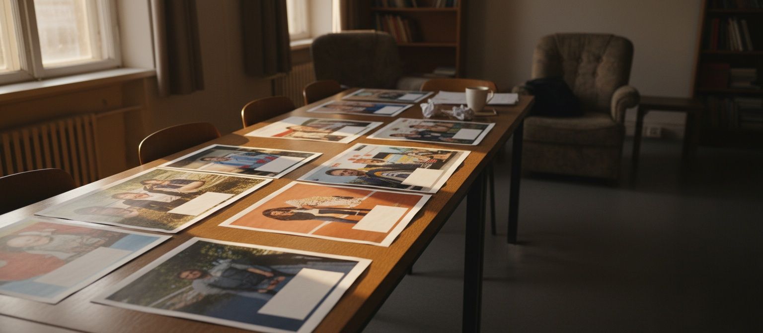 Campagne-afdrukken naast elkaar op een tafel in avondlicht met warme schaduwen