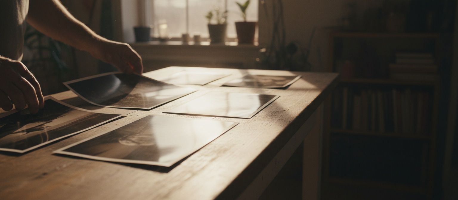 Afdrukken die naast elkaar op een tafel liggen te drogen in avondlicht van opzij