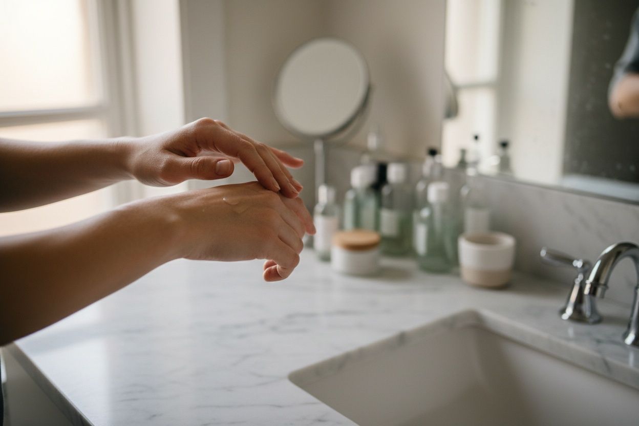 Detail van een skincare-routine: handen die een serum uitstrijken boven een marmeren wastafel