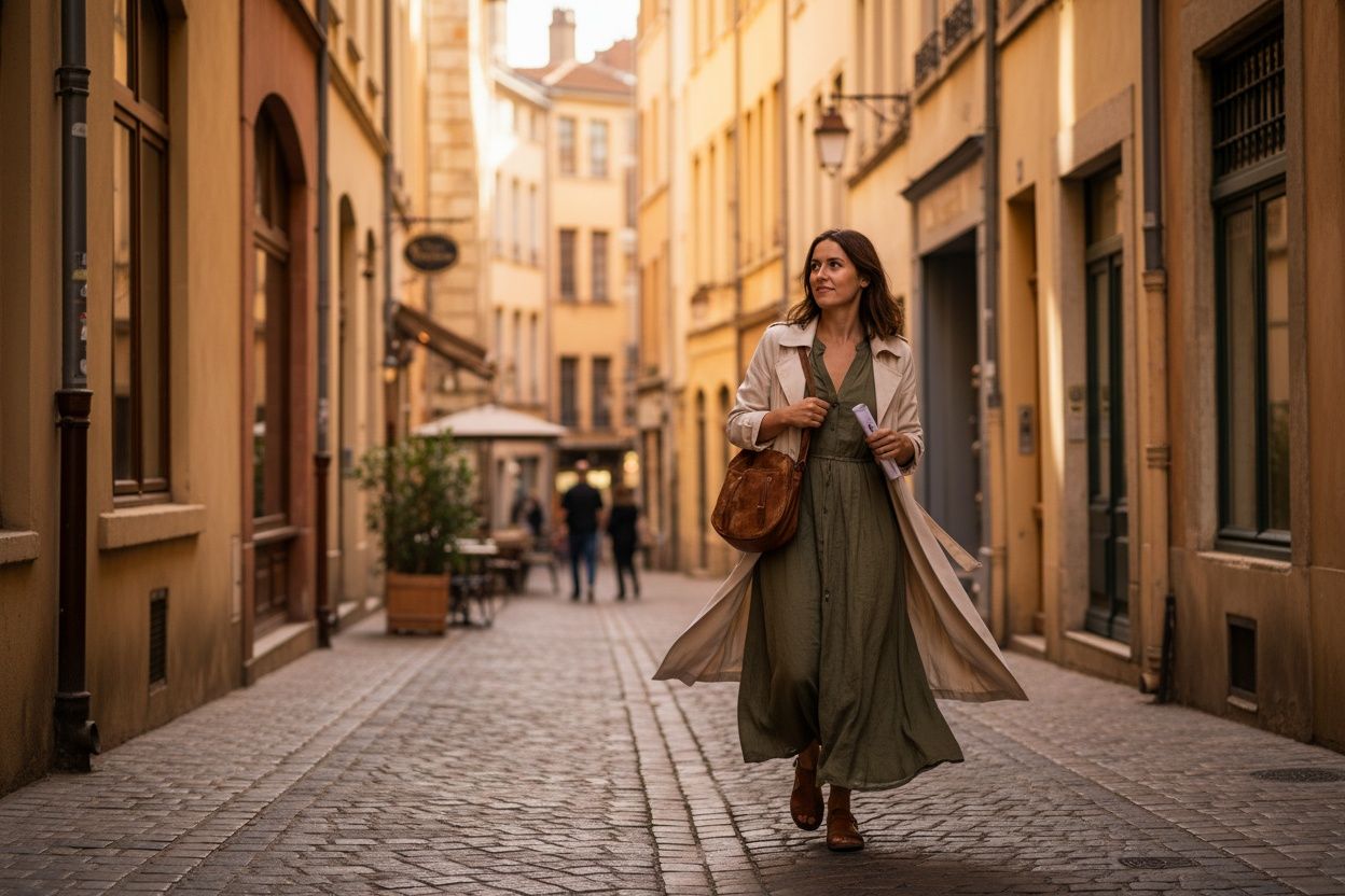 Lifestylebeeld op straat: iemand loopt door een Lyonese straat met beweging in de stof van de kleding